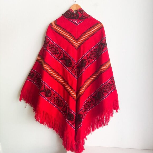Vintage 100% Wool Ethnic Red Boho Cape Poncho OS - Picture 4 of 6